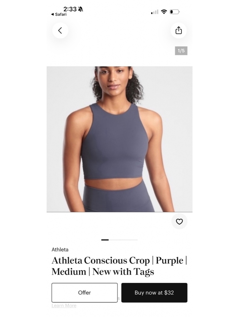 Athleta Gray Conscious Crop Cropped Compression Sports Bra Tank Top XS